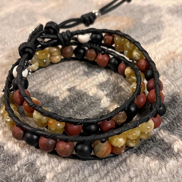 Double Wrap Leather Bracelet - Jasper, Jade, Onyx, Artisan Button Clasp -UNISEX - Picture 3 of 10